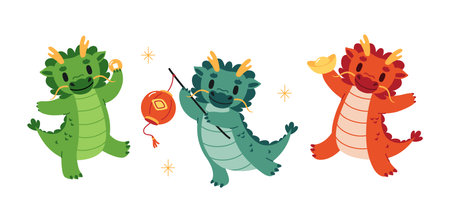 Set of cute cartoon dragons. Vector flat illustration for Chinese new year 2024.のイラスト素材