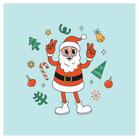 Merry Christmas card with cartoon Santa Claus. Greeting card, poster, template. Vector illustration in retro style.のイラスト素材