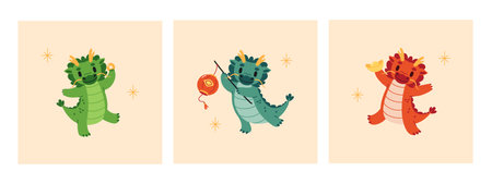 Set of posters with Chinese dragons. Symbol of 2024 new year. Vector flat illustration.のイラスト素材