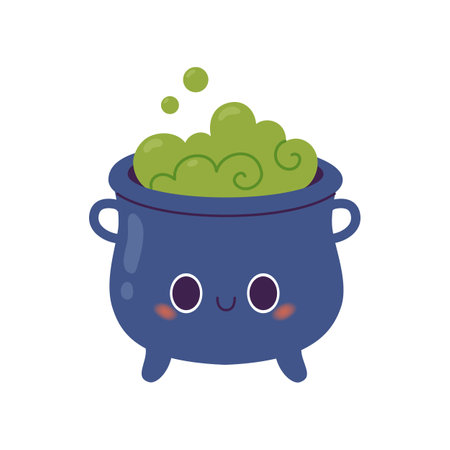 Cartoon witch cauldron with green magic soup in kawaii style. Vector flat illustration.のイラスト素材