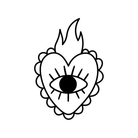 Mexican sacred heart in black outline style. Heart with eye and fire. Hand drawn illustration.のイラスト素材