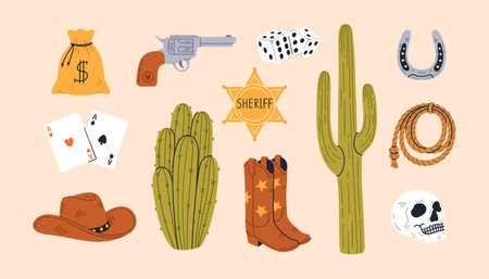 Wild west elements. Cowboy western and wild west theme. Hand drawn vector illustration.のイラスト素材