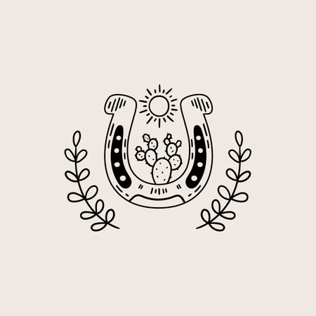 Card with horseshoe, cactus and plant. Hand drawn illustration in sketch style.のイラスト素材