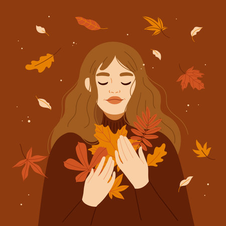 Happy woman holding autumn leaves in her hands. Enjoy the fall concept. Hand drawn autumn illustration.のイラスト素材