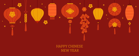 Chinese new year banner with hanging Asian lanterns. Hand drawn vector illustration.のイラスト素材