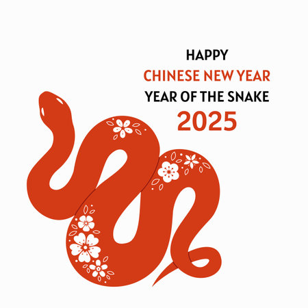 Chinese new year 2025 card with snake and flowers. Hand drawn vector illustration.のイラスト素材