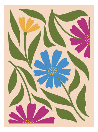 Bright and vivid floral poster with a variety of flowers and leaves. Flower poster for wall art for home decoration. Hand drawn vector illustration.のイラスト素材