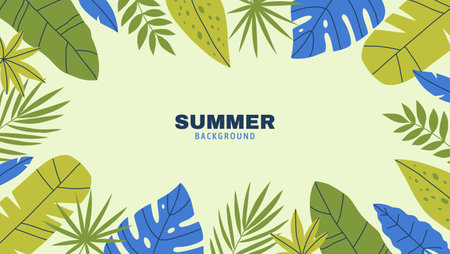 Summer tropical background with space for text. Banner with a frame of various tropical leaves. Hand drawn vector illustration.のイラスト素材