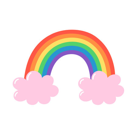 Bright rainbow arcs with fluffy pink clouds. Hand drawn vector illustration.のイラスト素材