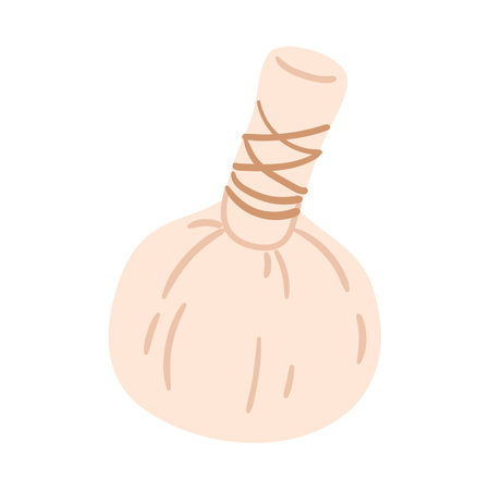 Traditional herbal compress ball wrapped in natural fabric with twine. Hand drawn vector illustration.のイラスト素材