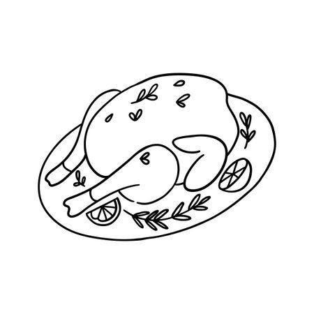 Delicious roast chicken on a decorative plate with herbs and citrus slices. Hand drawn illustration in line style.のイラスト素材