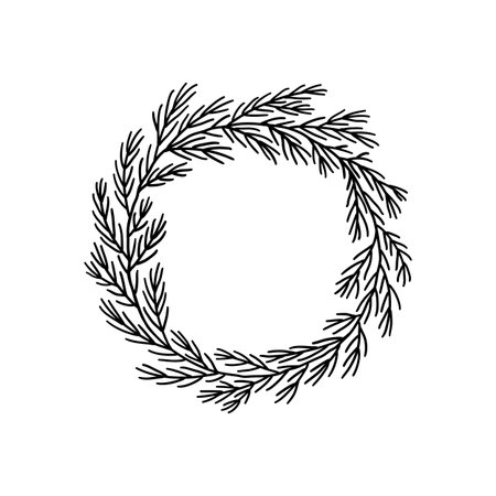 Christmas wreath with detailed fir tree branches. Hand drawn illustration in line style.のイラスト素材