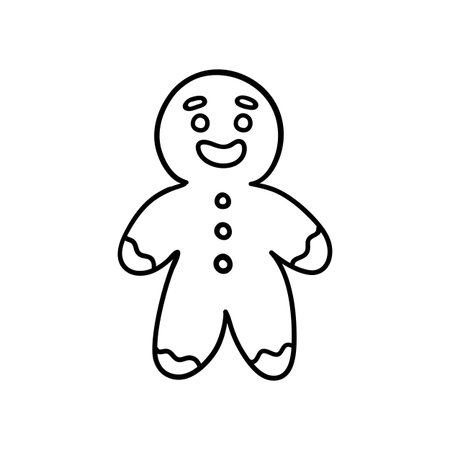 Happy gingerbread cookie character. Hand drawn illustration in line style.のイラスト素材