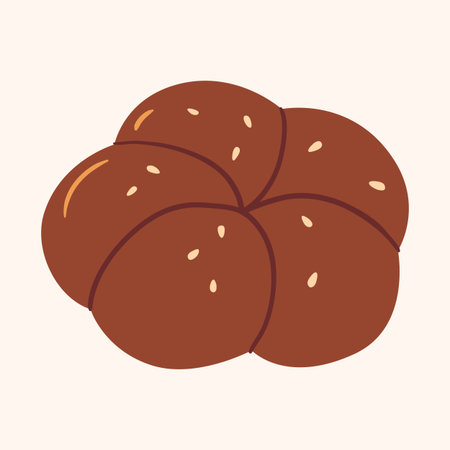 Round dark bread loaf with decorative scoring and sesame seeds. Hand drawn vector illustration for...