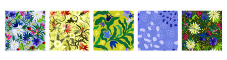 Vector set of five floral seamless patterns with wildflowers, leaves, ladybirds and dots.のイラスト素材