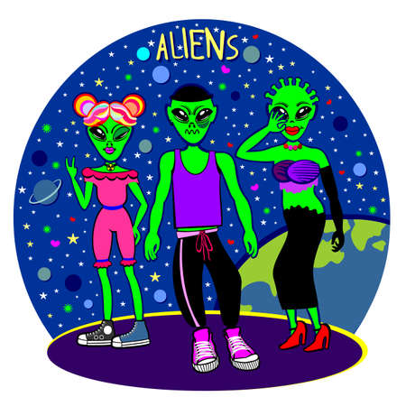 Tree alien friends dancing not far from Earth. Vector concept.のイラスト素材