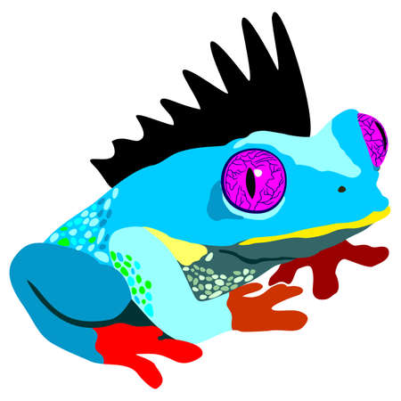 Vector isolated illustration of bright neon blue frog with red legs, big pink eyes and black mohawk.のイラスト素材