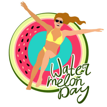 Vector isolated illustration of young laughing woman with long hair wearing yellow swimsuit and black sunglasses in a swimming circle bathing in watermelon. National Watermelon Day. August 3.のイラスト素材
