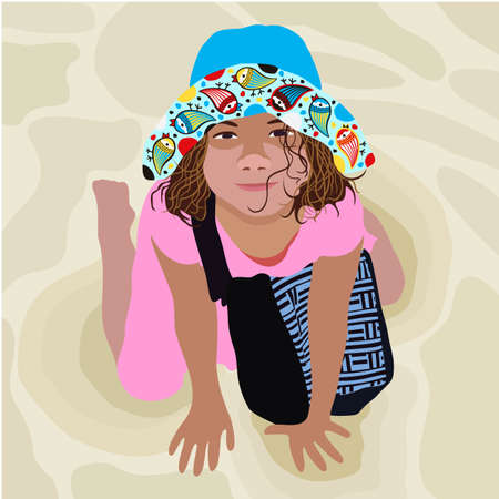 Vector illustration of little girl sitting on a sand, in pink dress and colorful panama with birds, with a shoulder bag.のイラスト素材