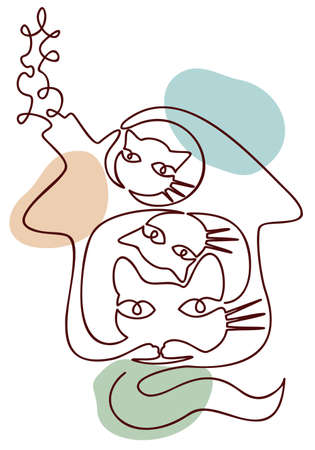 Vector isolated illustration of three cats sitting in the house. One line composition with colorful spots on background.のイラスト素材