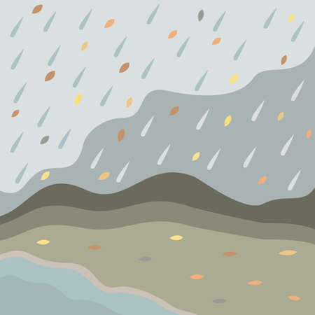 Autumn landscape. Flat concept. Background in muted pastel colors. Leaf fall and rainy weather. Near the lake.のイラスト素材
