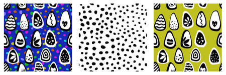 Vector abstract seamless pattern set with monochrome pears, ornamented differently, on colorful background with polka dots. Three square patterns.のイラスト素材