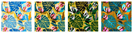Vector set of four seamless patterns with protea and tropical leaves.