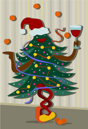 Vector illustration of New Year fir tree dancing with glass of red wine. Holiday concept.のイラスト素材