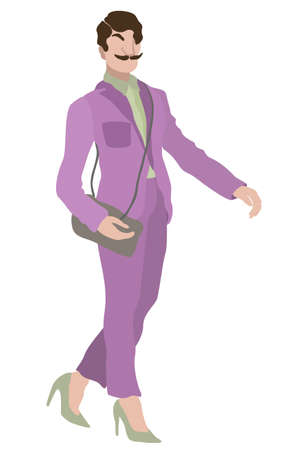 Vector isolated illustration of man with mustache on high heels. Isolated on white background.のイラスト素材