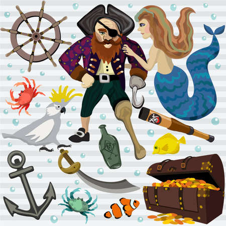Vector set with pirate, mermaid and their friends and stuff; steering wheel, chest with coins, anchor, saber, telescope and bottle of rum. Kakaduu, crabs, decorative fishes and bubbles around.のイラスト素材