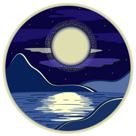 Vector night landscape with moon, mountains and lake in a circle. Stars around the moon. Blue and light yellow colors. Milky way.のイラスト素材
