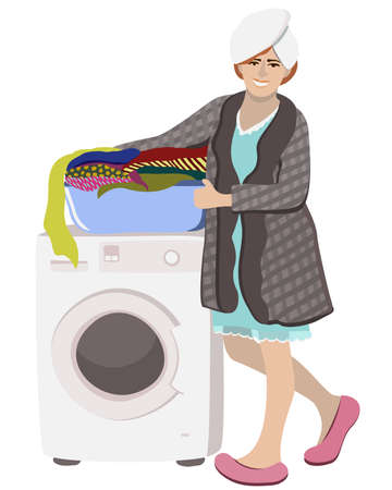 Happy woman near washing machine.のイラスト素材