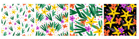Vector set of four floral seamless patterns. Bright flowers and leaves in different variations.