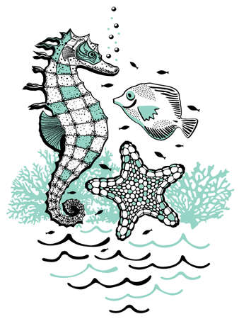 Vector isolated illustration of sea horse, starfish, fishes, corals and waves. Underwater concept. Black and blue.のイラスト素材