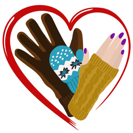 Man's glove, woman's and child's mittens in a heart. Family concept. Happy family in winter.のイラスト素材