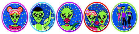 Set of five rounded stickers with portraits of aliens on dark blue background with stars, hearts and viruses.のイラスト素材