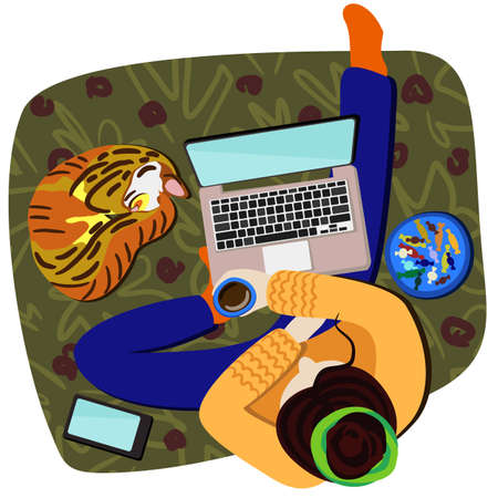 Girl sitting on the floor with laptop and drinking coffee with candies. Cat near her. Working online concept. Stay at home.のイラスト素材