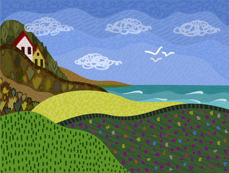 Landscape with colorful hills, mountains and sea. Vector illustration with variety of different textures. Cute childish style.のイラスト素材