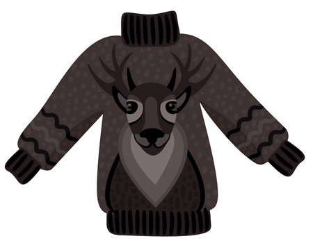 Warm knitted brown sweater with deer. Winter outfit. With high neck and elastic band on sleeves and at the bottom.のイラスト素材