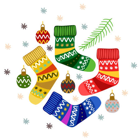 Warm knitted socks with ornament, surrounded with christmas toys. Coniferous branch. Snowflakes. Christmas composition in a circle.のイラスト素材