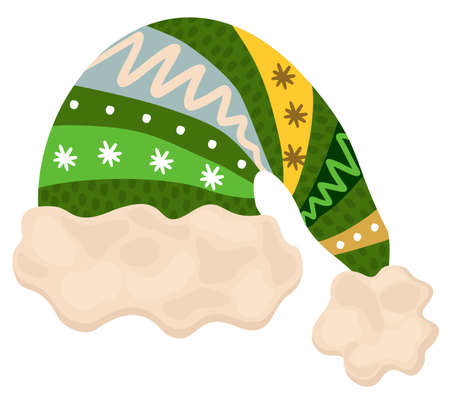 Hat of Santa Claus. Christmas concept. Warm clothes. Green color. With stripes, decorated with snowflakes and dots.のイラスト素材