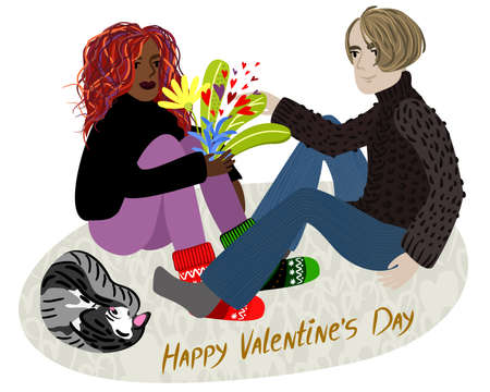Young man presents his girlfriend bouquet of flowers. They are sitting on the floor, cat sleeping near. Happy Valentine's Day.のイラスト素材