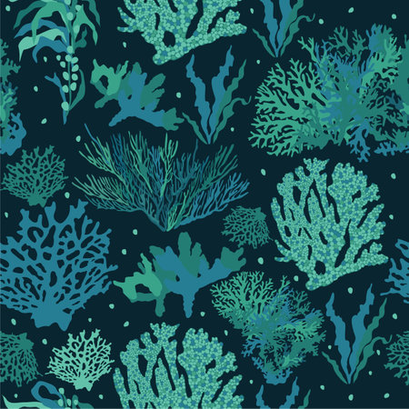 Seamless abstract pattern with corals and seaweed. Cold color palette. Underwater concept.のイラスト素材