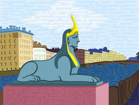 Vector illustration of Egypt sphynx sculpture in Saint-Petersburg. Egypt bridge.のイラスト素材