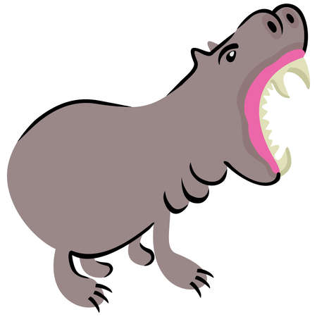 Vector isolated childish illustration of hippopotamus with open mouth and teeth.のイラスト素材