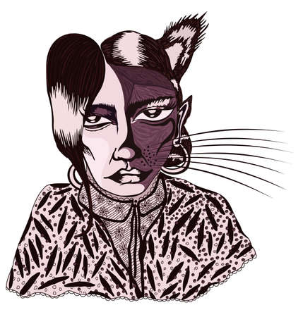 Monochrome sepia vector portrait of sad werewolf, semi-girl, semi-wolf.のイラスト素材