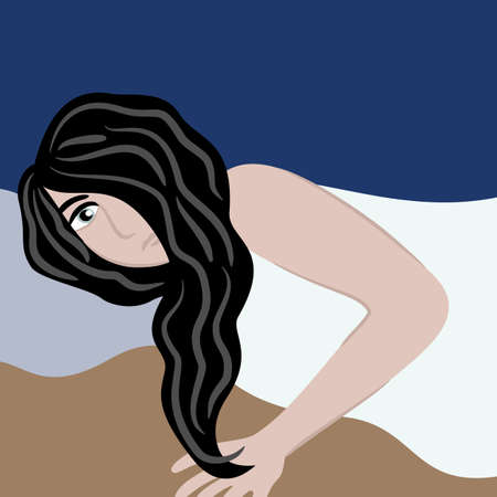 Vector concept of insomnia. Woman with opened eyes in bed, she can't sleep.のイラスト素材