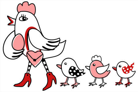 Vector cute doodle illustration of hen and three chickens. Black and red color. Funny concept.のイラスト素材