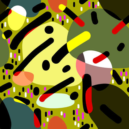 Bright abstract seamless pattern with various colorful shapes on khaki background. Red, magenta, yellow, green, black colors.のイラスト素材