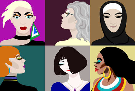 Vector collection of portraits of six different women. diversity concept.のイラスト素材